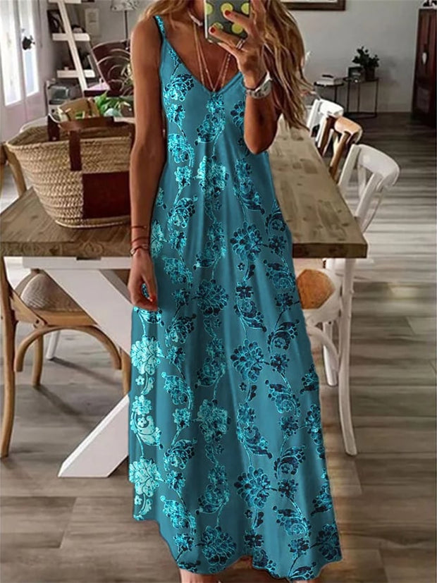 Women's Elegant Floral Velvet Art Print Sleeveless Maxi Dress