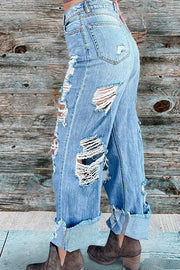 Vintage Wash Ripped Wide-Leg Jeans