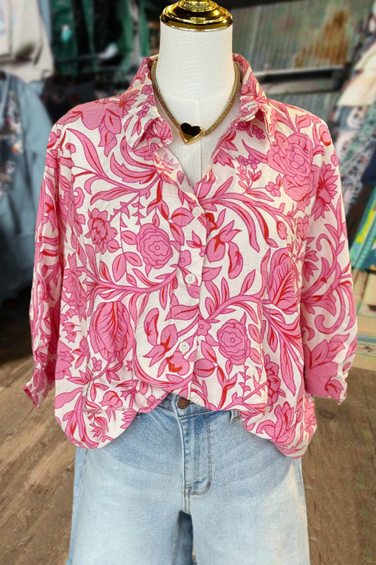 Vintage Floral Print Button Up Three Quater Sleeve Blouse