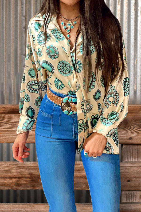 Casual Turquoise Squash Blossom Button Up Top
