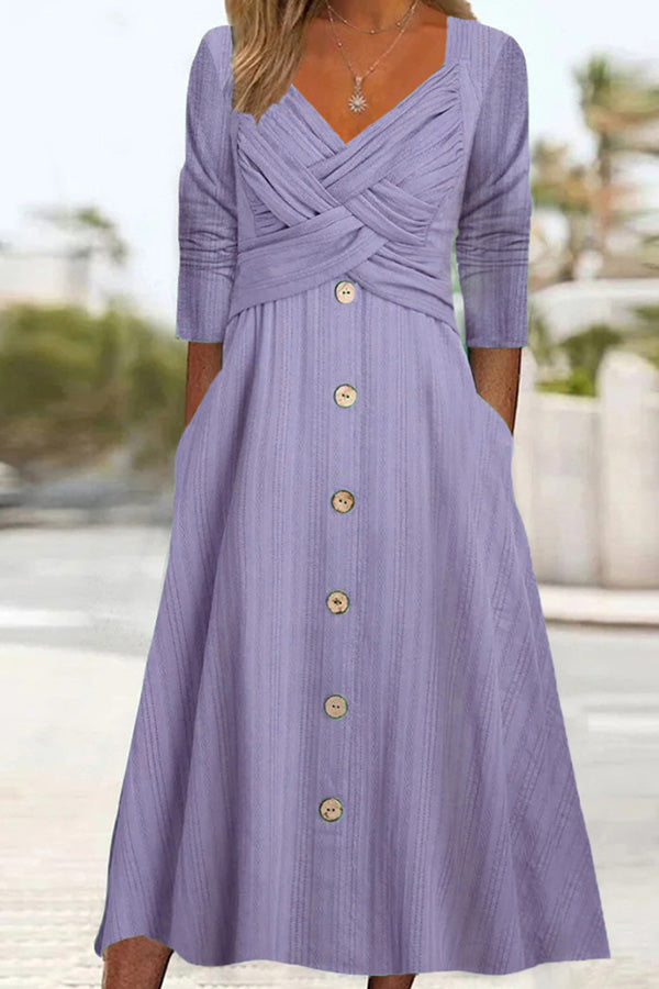 Solid Color Long Sleeve V Neck Cross Button Casual Dress
