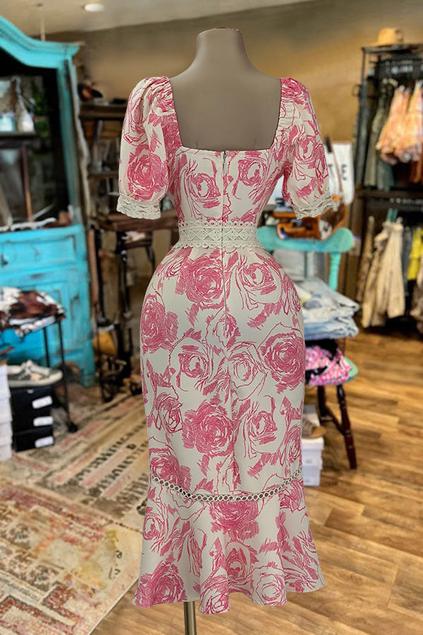 Rose Print Lace Patchwork Fishtail Dress
