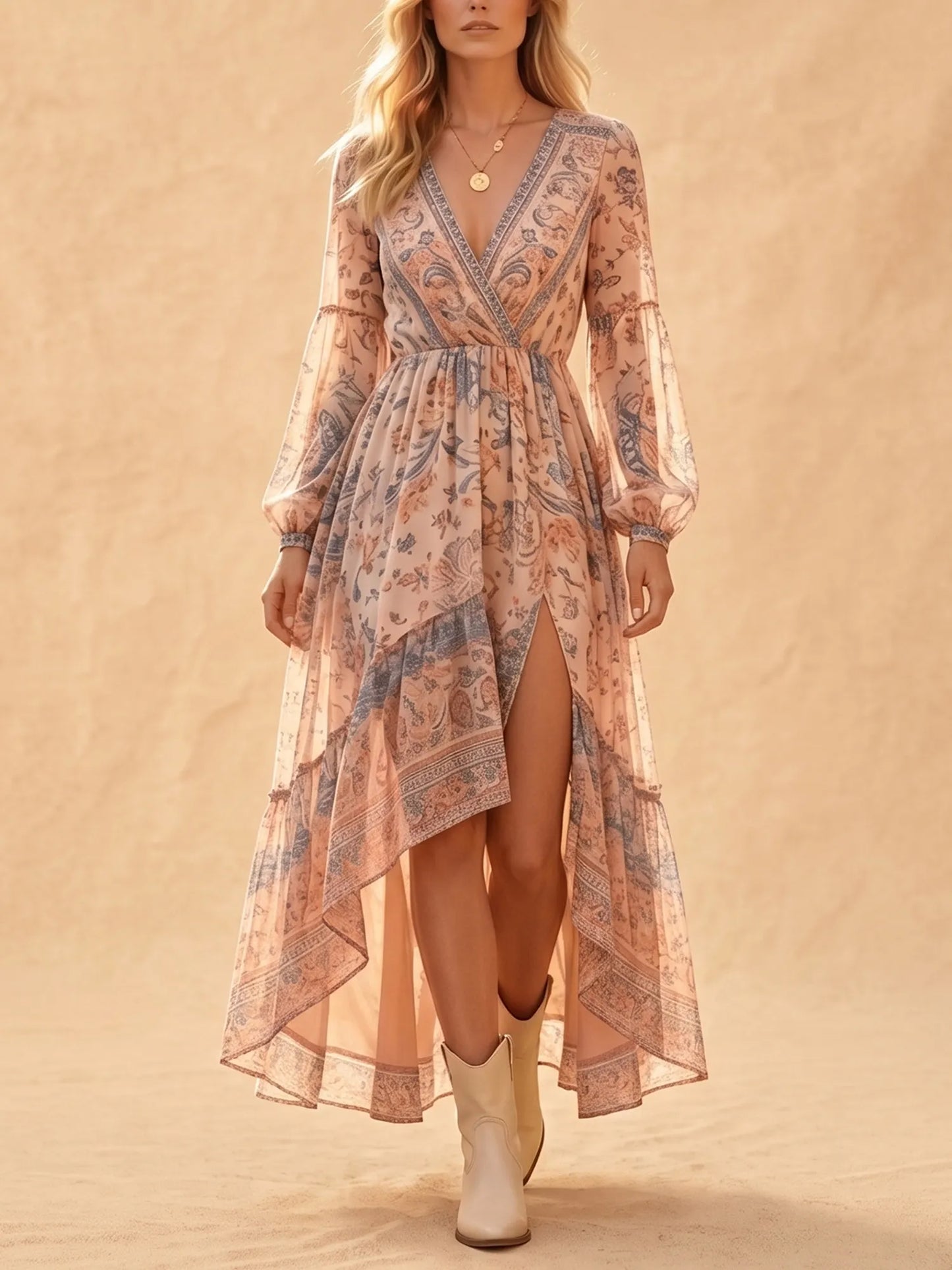 Charcoal Brown Vintage Paisley Chiffon Surplice V-Neck Bishop Sleeve High-Low Tiered Maxi Dress