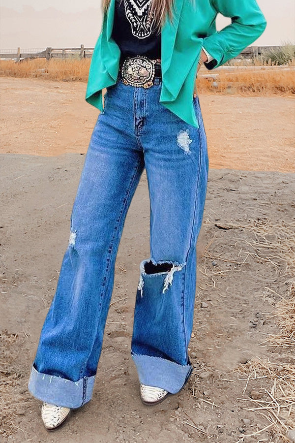 Vintage Wash Ripped Wide-leg Jeans