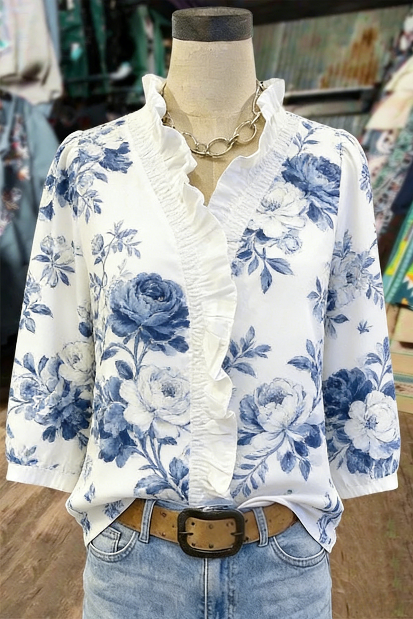 Blue & White Rose Floral Ruffle-Neck Blouse – 3/4 Sleeve Top