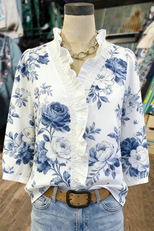 Blue & White Rose Floral Ruffle-Neck Blouse – 3/4 Sleeve Top
