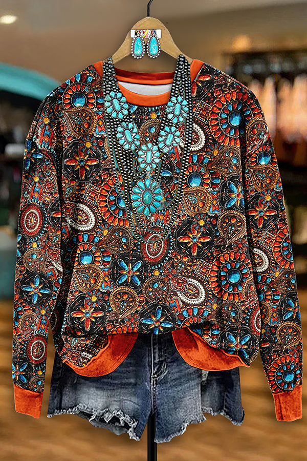 Vintage Western Turquoise Print Sweatshirt