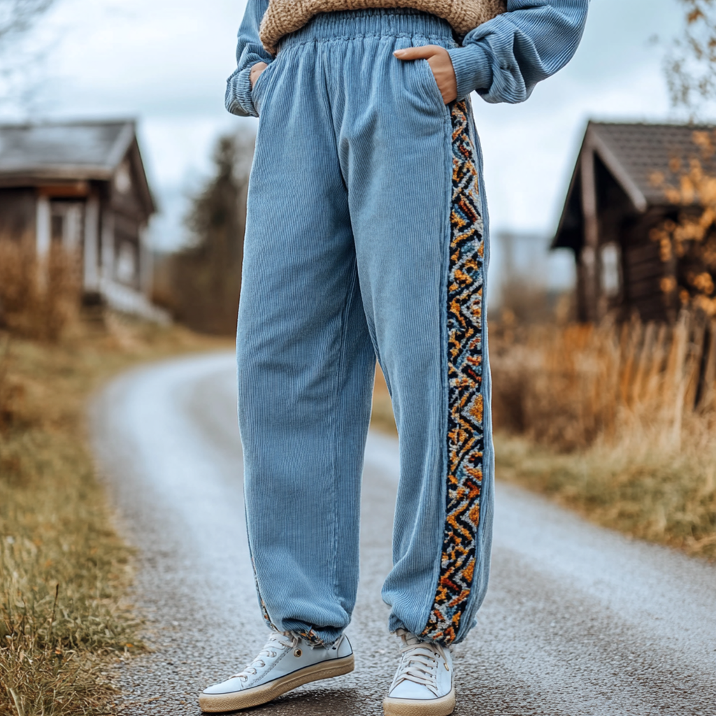 Women's Loose Corduroy Casual Trousers, Simple Ethnic Style Comfortable Elastic Waist Small Leg Trousers