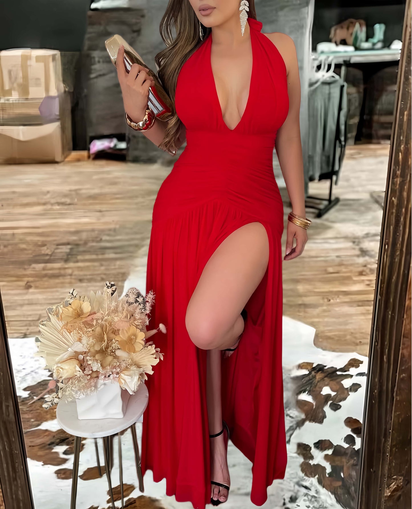 Sexy Deep V-Neck Split Maxi Dress