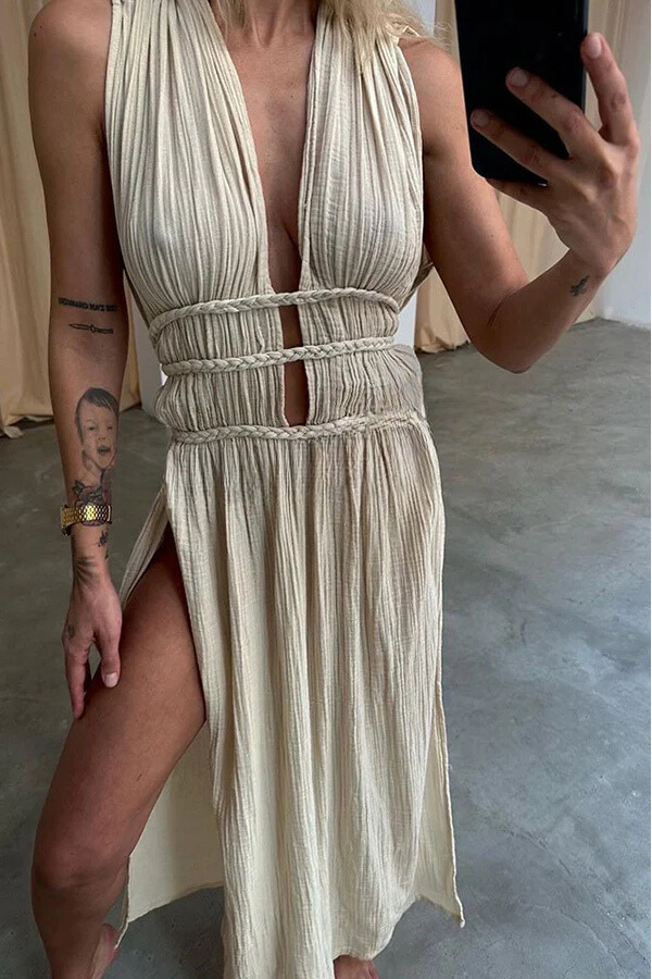 Boho with Elegance Linen Blend Braids Belt Cutout Slit Kaftan Maxi Dress