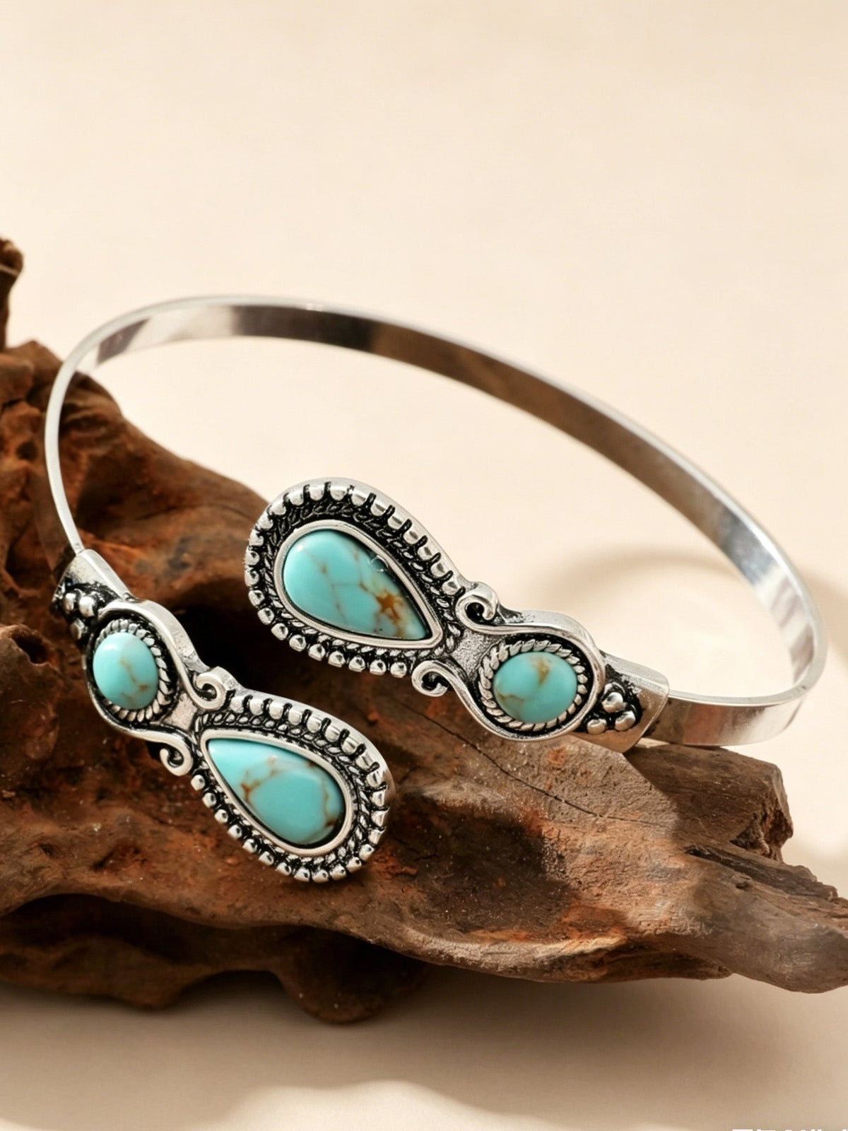 Ideal For Sunset Shoots — Vintage Silver Heavy Turquoise Inlay & Teardrop Sculpted Open Cuff High-Quality Lightweight Material Boho Chic Bracelet