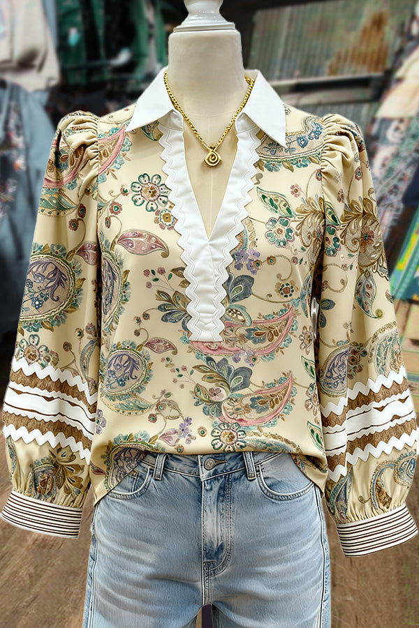 Retro Floral Print Ric Rac Long Sleeve Top