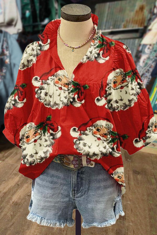 Christmas Santa Print Puff Sleeve Top