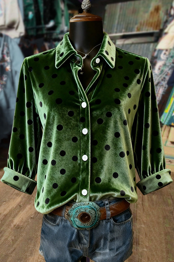 Dot Print Collared Velvet Top