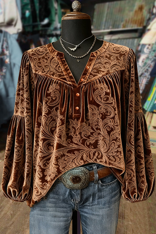 Retro Paisley Print Split Neck Velvet Top