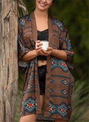 Brown Aztec Vintage Cowgirl Long Sleeve Belted Satin Robe