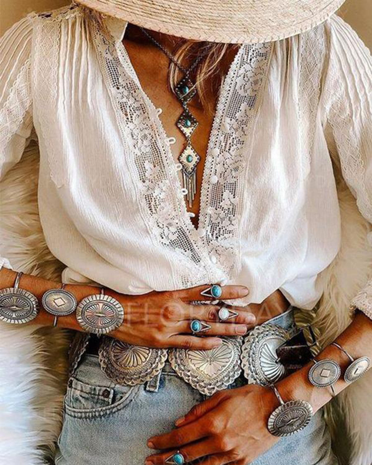 Bohemian V neck Lace Shirt