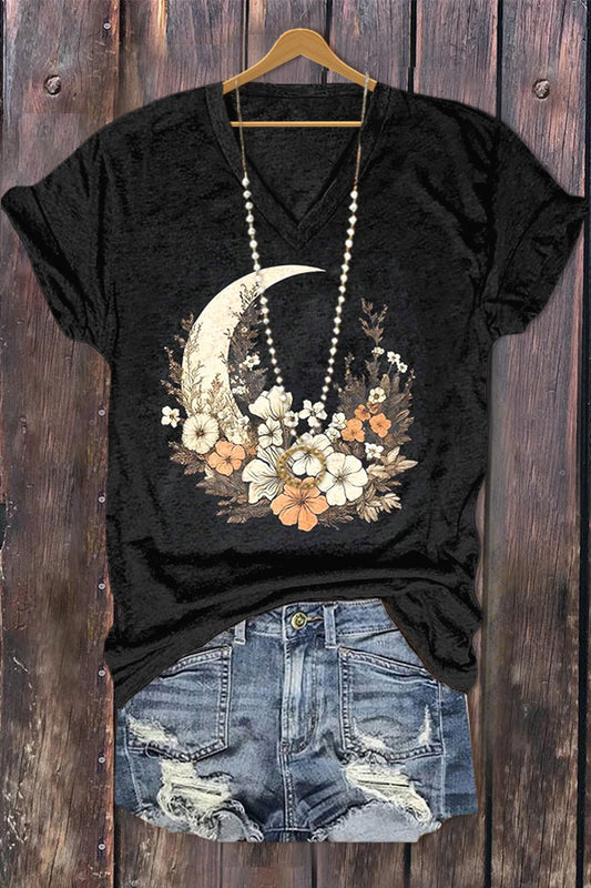 Floral Moon Print V-Neck T-Shirt