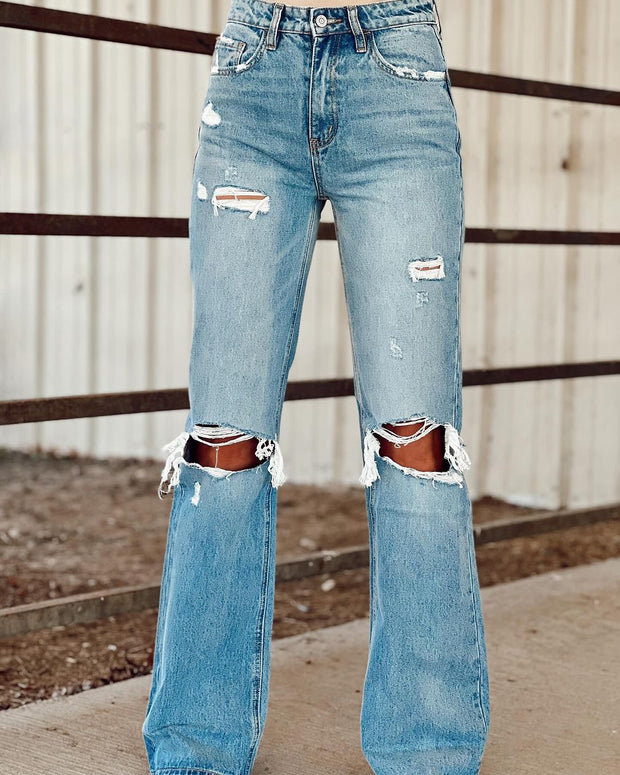Women's Vintage Washed Ripped Wide Leg Jeans