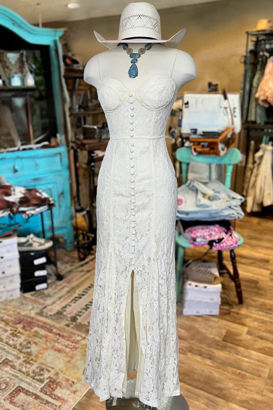 Beautiful Buttoned Lace Slit Slip Dress