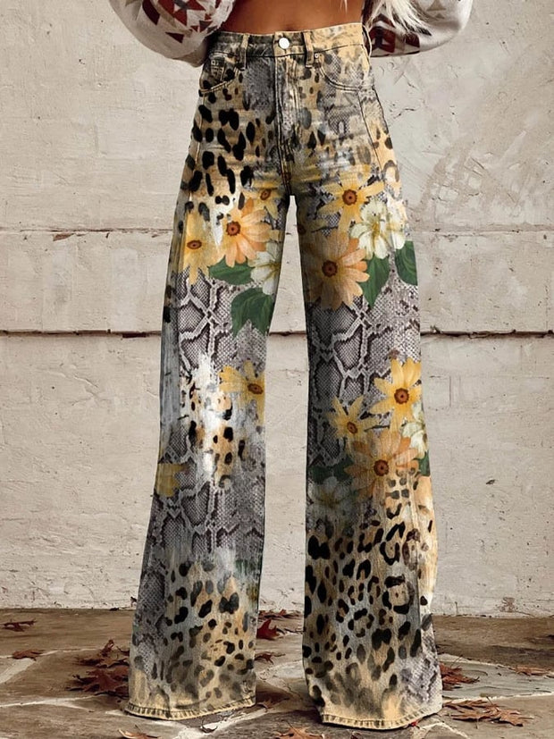 Women's Western Retro Daisy Leopard Print Casual Pants