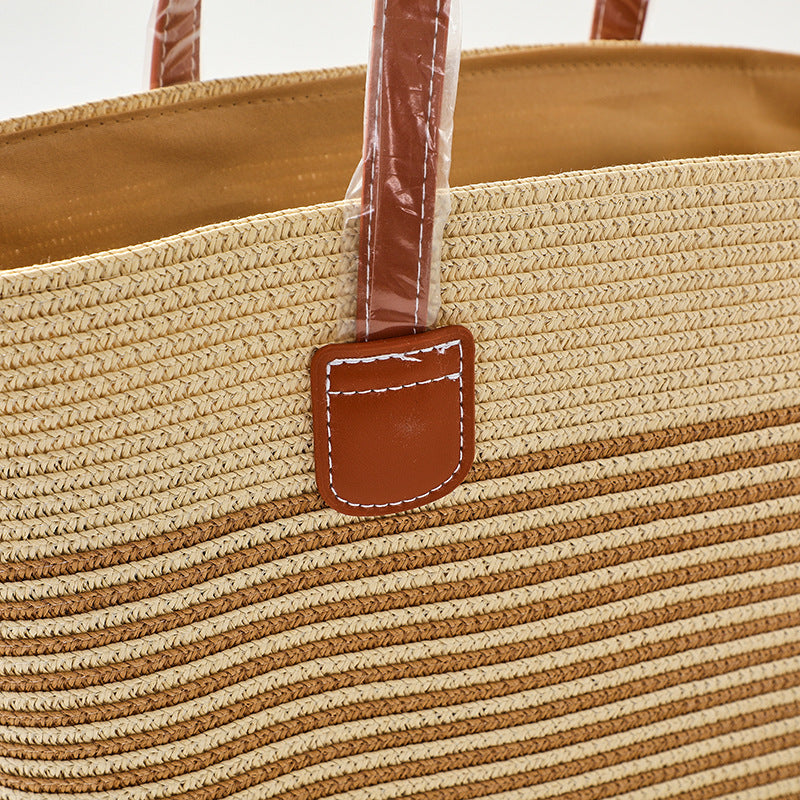 Bohemian Straw Striped Hat And Tote Bag Two-piece Set For Summer Outings