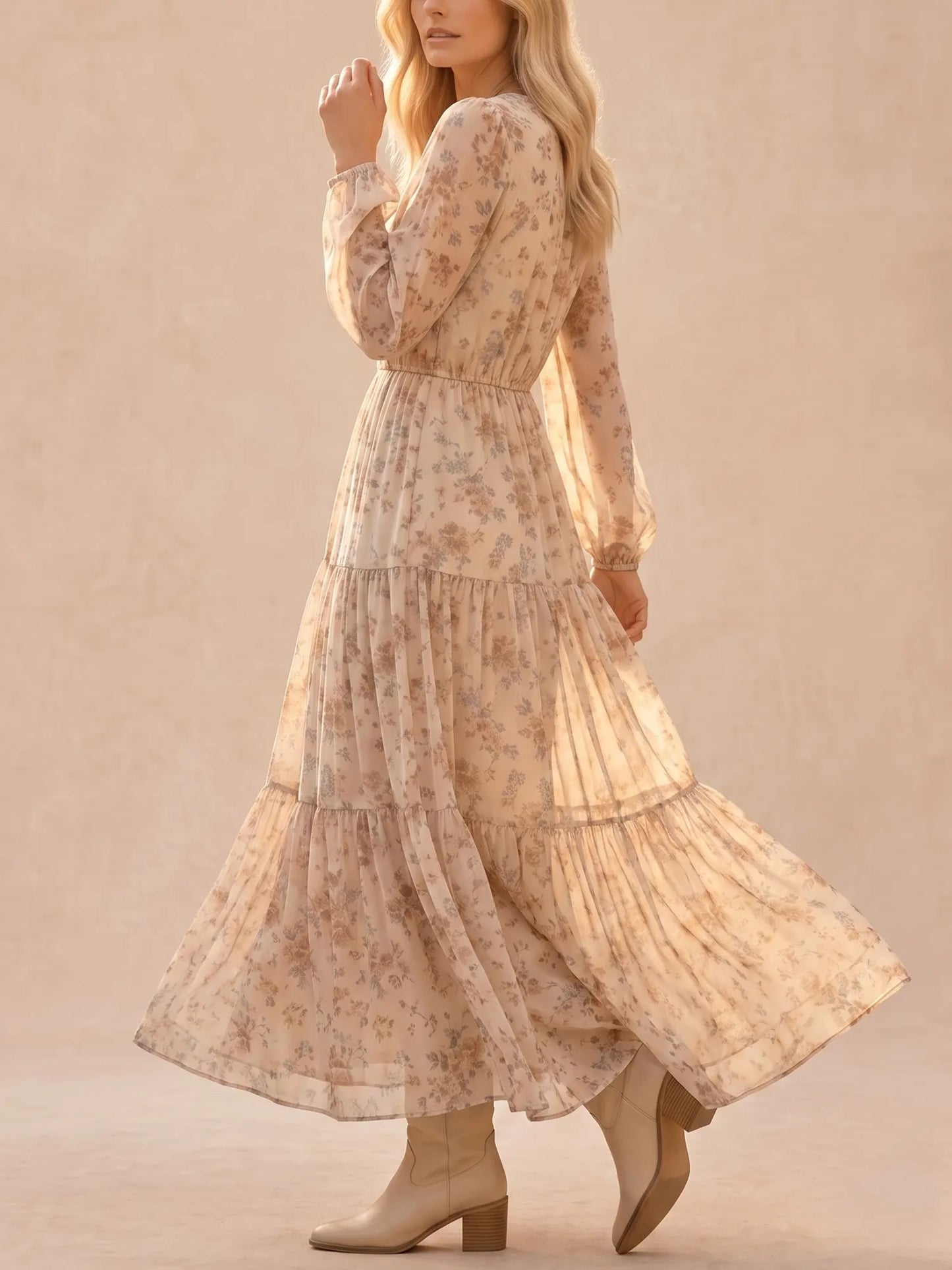 Ivory Apricot Ditsy Floral Chiffon Plunge V-Neck Bishop Sleeve Tiered Maxi Dress