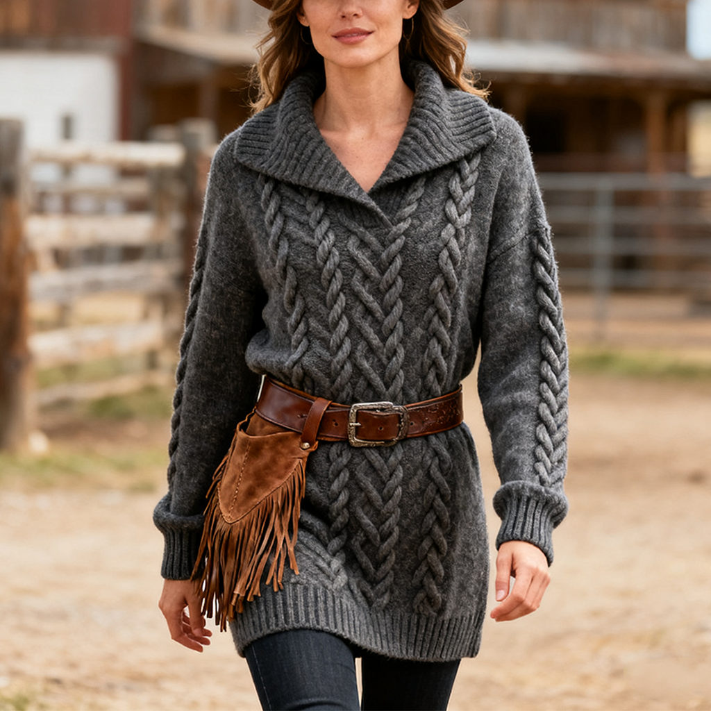 Women's Vintage Cozy Cable Knit Sweater Dress With Western Belt And Fringe Bag