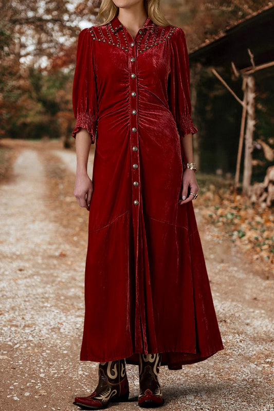 Vintage Charming Studded Velvet Buttoned Maxi Dress