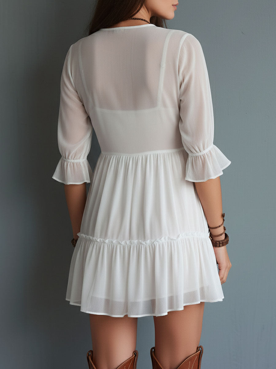Boho White Lace-Trim Three-Quarter Sleeve Mini Dress