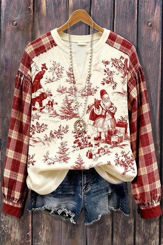 Vintage Christmas Santa Print Plaid Long Sleeve Top