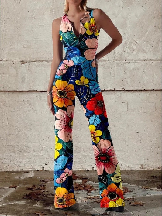 Women's Colorful Flowers Pop Art Print Casual Denim Jumpsuit