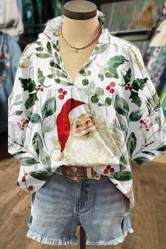 Floral Santa Claus Puff Sleeve Top