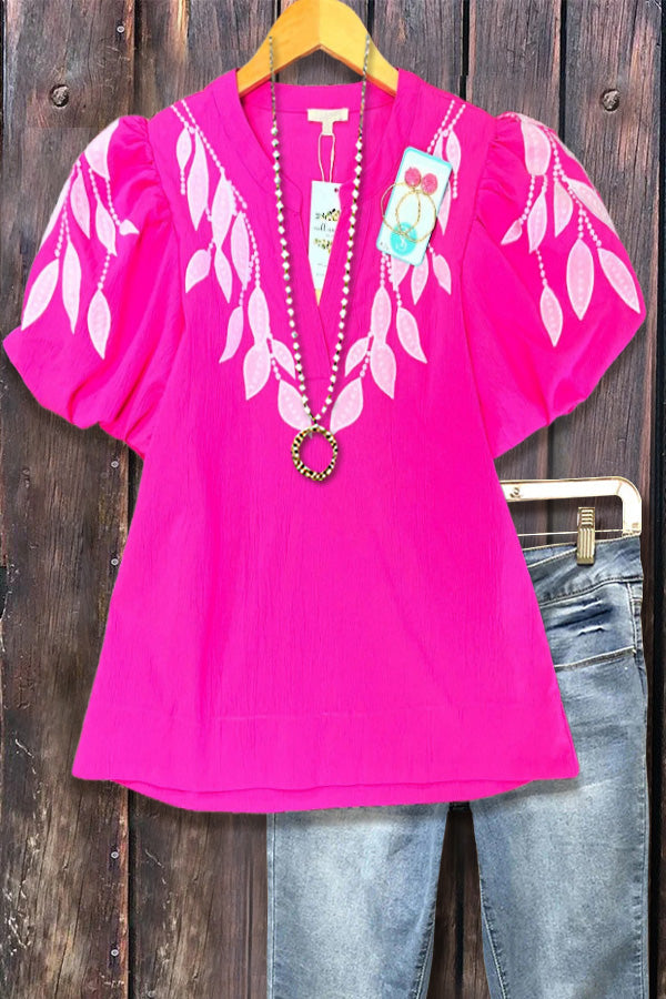 Embroidered Split Neck Puff Sleeve Top