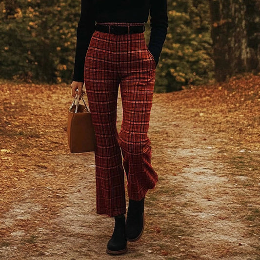 Women's Dark College Plaid Slim Fit Trousers