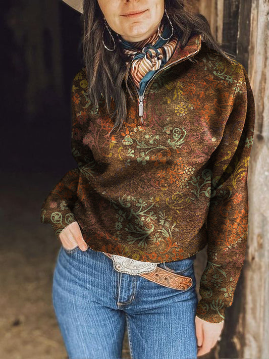 Women's Retro Plants Print Zipper Collar Sweatshirt