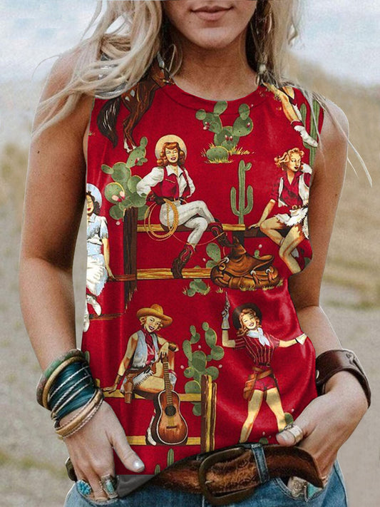 Women's Western Vintage Pattern Printed Round Neck Sleeveless T-Shirt