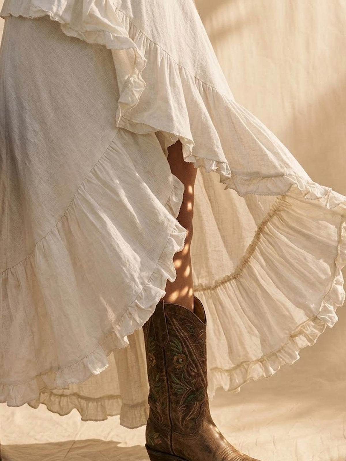 Desert Vacation Essential — Ivory White V-Neck Ruffle Trim Tencel High-Low Sleeveless Dress