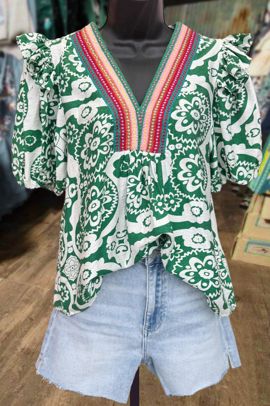 Vintage Floral Print Crochet Neck Ruffle Sleeve Top