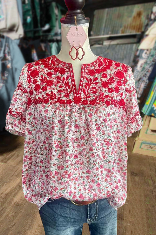 Mixed Floral Embroidered V-Neck Top