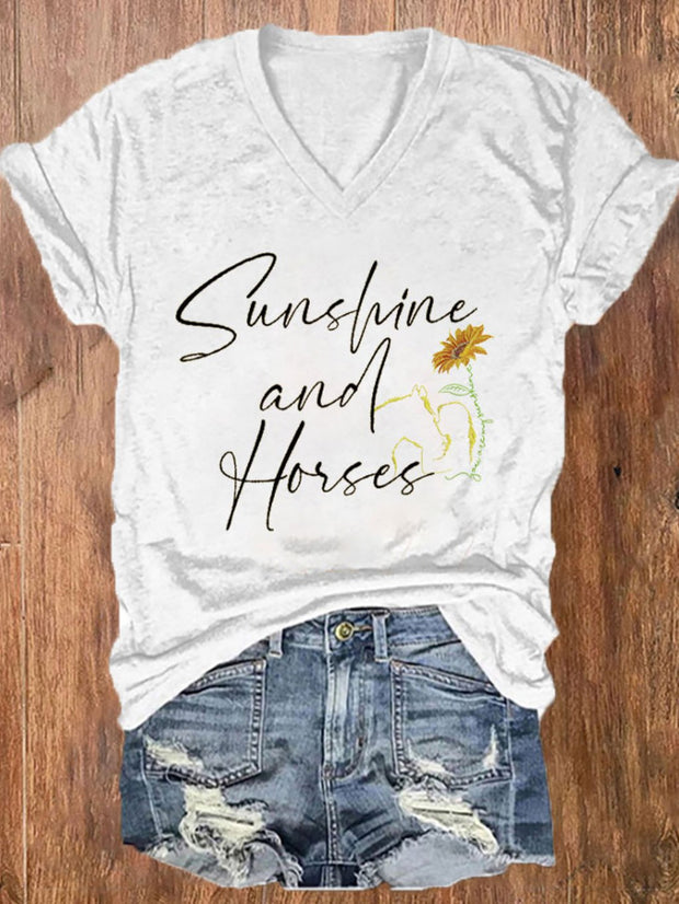 Women's Sunshine And Horses Print V-Neck T-Shirt
