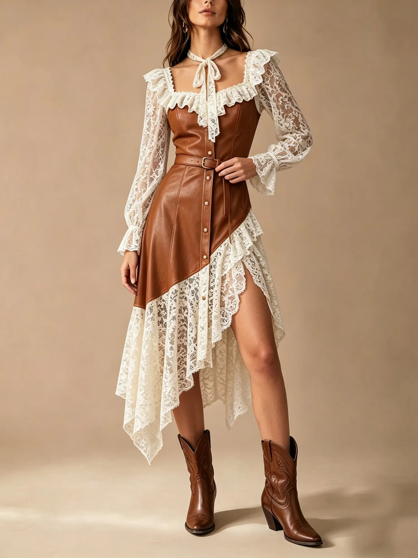 Brown PU Leather Corset Bodice Lace Sleeve Tie Neck Belted Asymmetric Hem Western Midi Dress