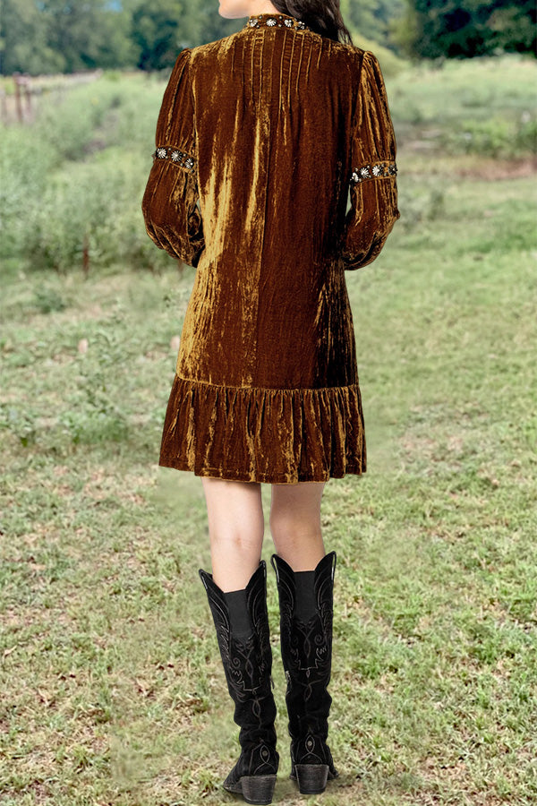 Studded Velvet Ruffled Vintage Dress