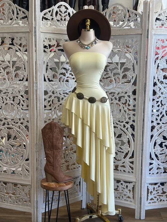 Off-Shoulder Asymmetric Hem Strapless Dress-Yellow