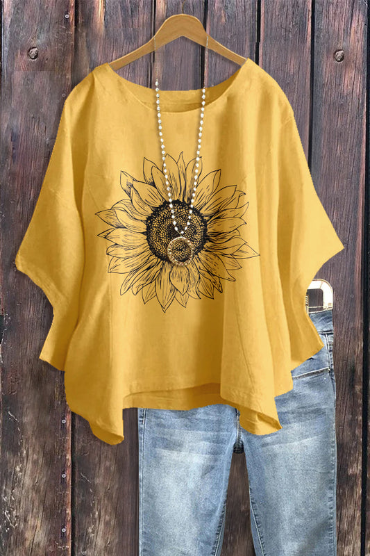 Solid Sunflower Print Batwing Sleeve Top