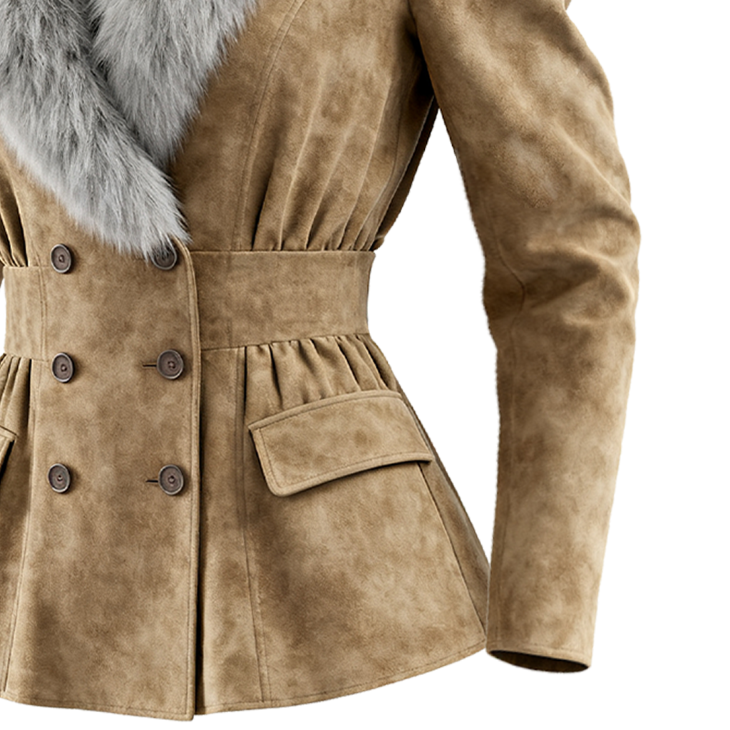 Women's Elegant Double-breasted Ruffled Khaki Suede Coat With Fur Collar