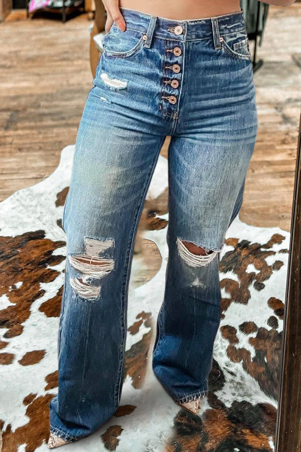 Vintage Washed Ripped Button Jeans