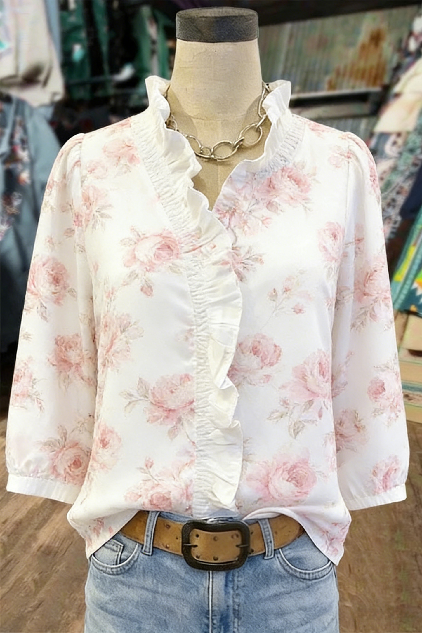 Blush Pink Rose Floral Ruffle-Neck Blouse – 3/4 Sleeve Top