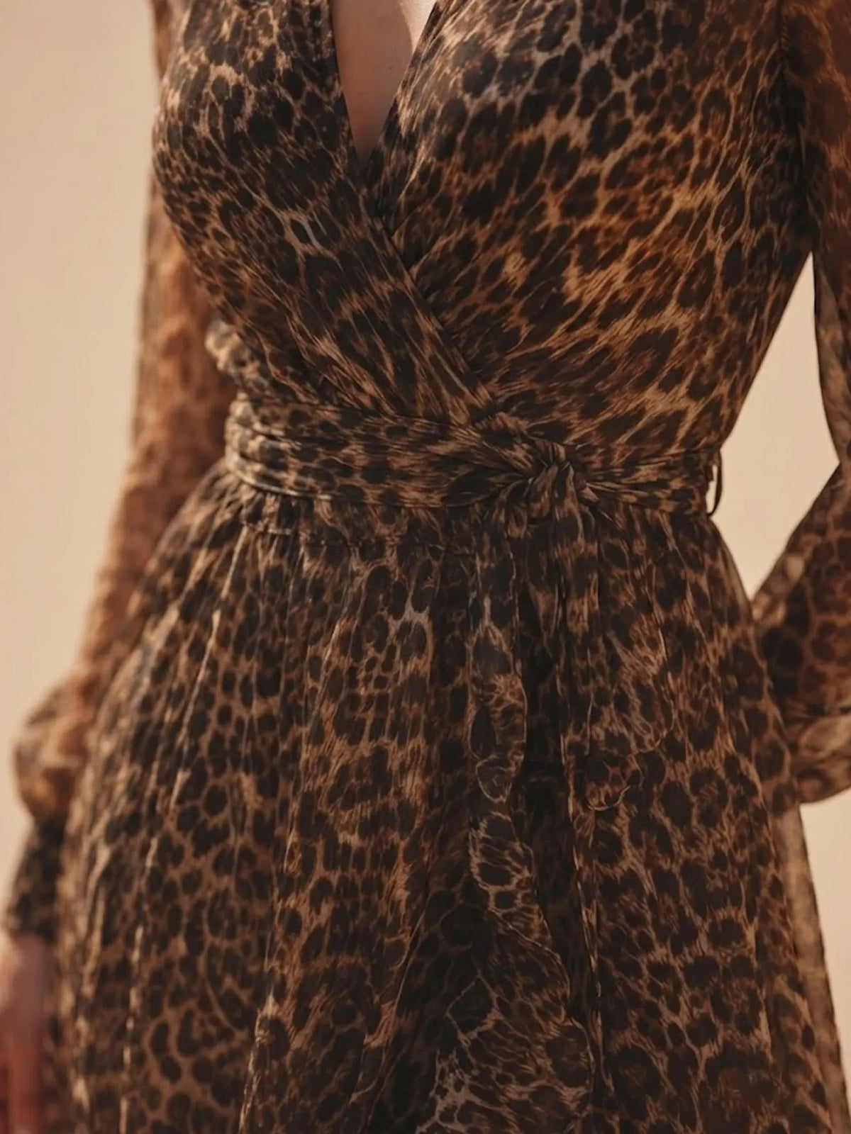 Perfect for Country Music Festivals — Caramel Cheetah Pattern Ruffle Trim Asymmetric Hem Breathable Georgette Women Wrap Maxi Dress