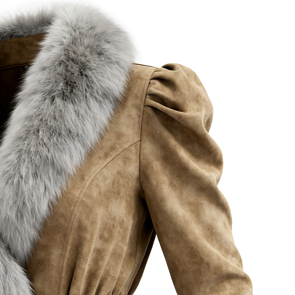 Women's Elegant Double-breasted Ruffled Khaki Suede Coat With Fur Collar